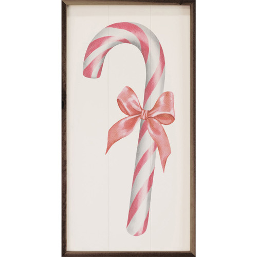Pink and White Striped Candy Cane with Pink Bow on Wood Framed Art