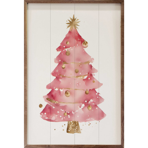 Beautiful Sparkling Pink Christmas Tree With Gold Ornament Accents on Wood Framed Sign