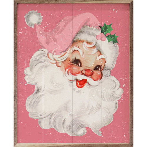 Santa Claus in pink hat on pink background on Wood Framed Sign