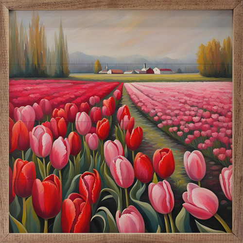 Tulip Field with Farm Houses in the Distance on Wood Framed Wall Sign