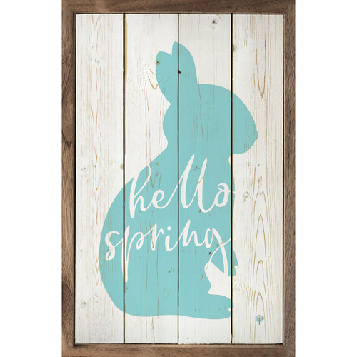 Hello Spring with Blue Bunny Silhouette on Wood Framed Wall Sign