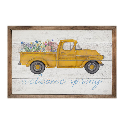 Welcome Spring with Yellow Pickup Truck Overflowing with Flowers on Wood Framed Sign