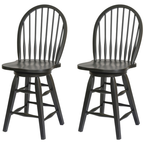 Set of Two 24" Solid Wood Antique Black Windsor Swivel Counter Height Barstools with Straight Cut Leg Fully Assembled Lightly Distressed Antique Black Finish for 36"H Counter/Table Height Kitchen Island Seating