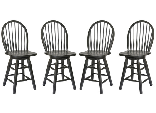 Set of Four 24" Solid Wood Antique Black Windsor Swivel Counter Height Barstools with Straight Cut Leg Fully Assembled Lightly Distressed Antique Black Finish for 36"H Counter/Table Height Kitchen Island Seating