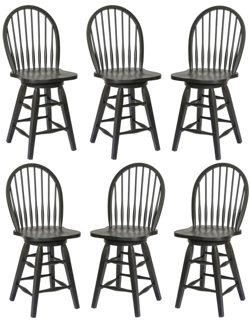 Set of Four 24" Solid Wood Antique Black Windsor Swivel Counter Height Barstools with Straight Cut Leg Fully Assembled Lightly Distressed Antique Black Finish for 36"H Counter/Table Height Kitchen Island Seating