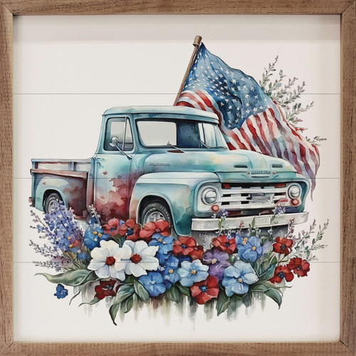 Classic Light Blue Pickup Truck with American Flag and Red, White, and Blue Flowers - Watercolor Style Artwork