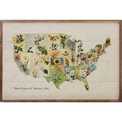 United States map with each state flowers in vintage style on Wood Framed Wall Sign
