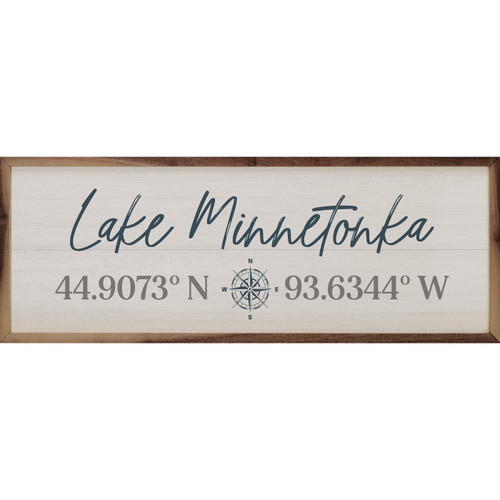 Custom Lake Coordinates with Compass on Wood Framed Sign