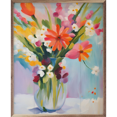 Colorful Bright Flowers In Vase Wood Framed Art Decor