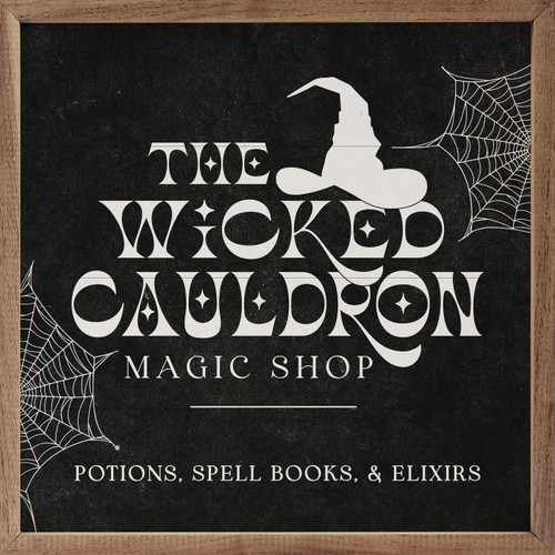 The Wicked Cauldron Magic Shop - Potions, Spell Books, & Elixirs - with witch hat and spider webs on Wood Framed Sign