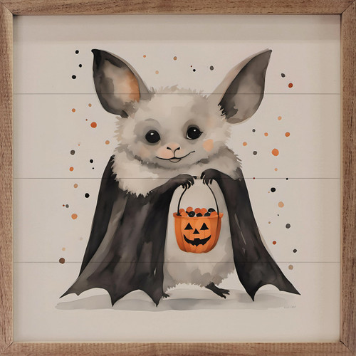 Adorable bat with pumpkin jack-o-lantern trick or treat bucket on Wood Framed Sign