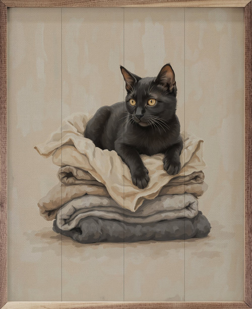 Adorable Black Cat Sitting On A Pile Of Folded Laundry on Wood Framed Art Print for Laundry Room Decor