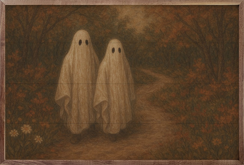 Two ghosts in the woods in a vintage style on Wood Framed Wall Sign