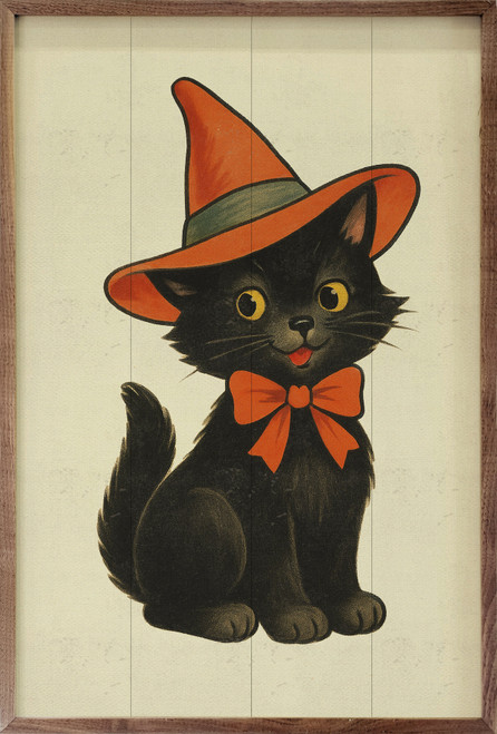 Vintage Style Black Kitten with Orange Bowtie and Witch Hat on Wood Framed Wall Art Sign