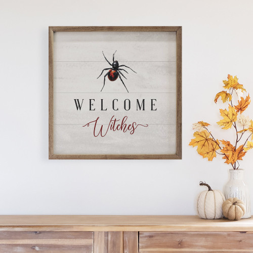 Welcome Witches with Spider - Spooky Halloween Wood Framed Sign