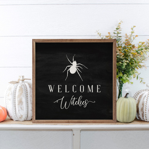 Welcome Witches with Spider - Spooky Halloween Wood Framed Sign