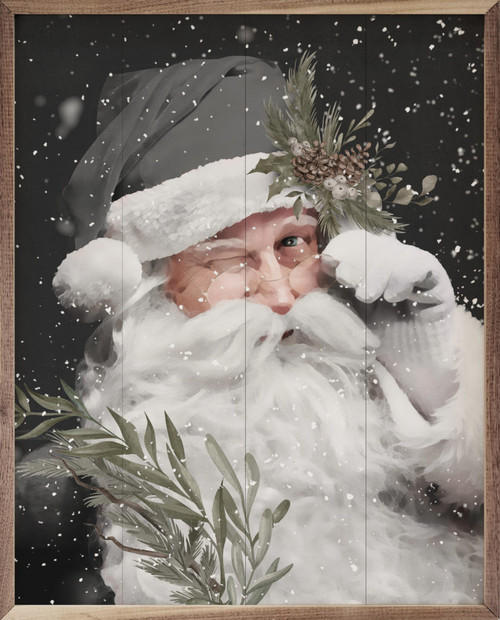 Winking Santa Claus in Gray - Wood Framed Sign - Country Marketplace