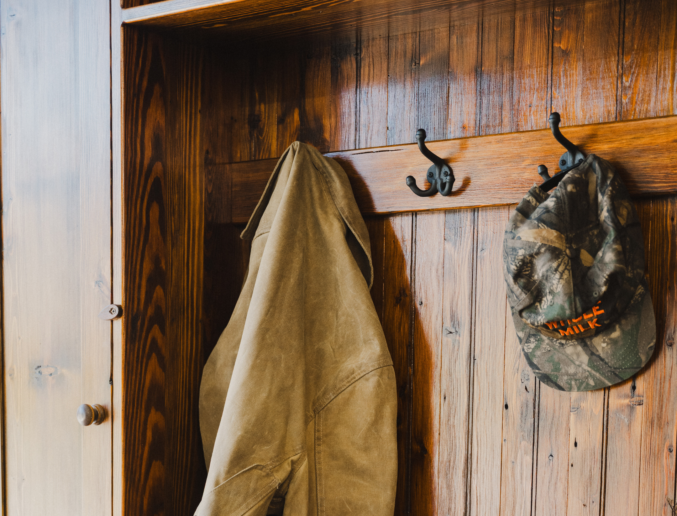 Angled mudroom organizer room view