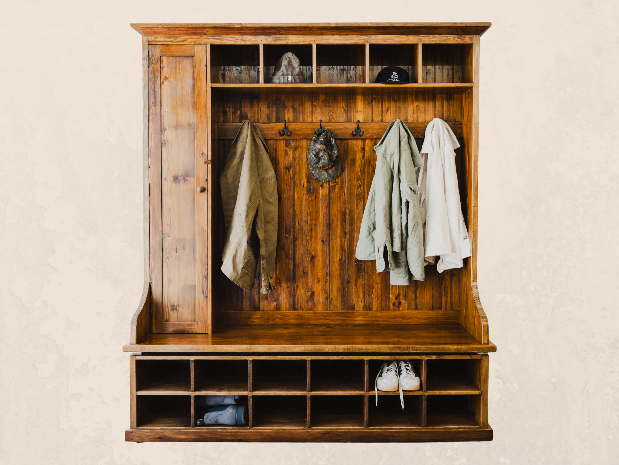 Large reclaimed wood mudroom bench lifestyle image