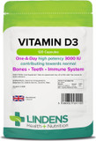 Lindens Vitamin D3 3000IU - 120 Capsules - High-Potency - 1500% NRV - Contributes to Normal Bones, Teeth & Immune System - 4 Months Supply - GMP & Letterbox Friendly - UK Made Lindens Vitamin D3 3000IU - 120 Capsules - High-Potency - 1500% NRV - Contributes to Normal Bones, Teeth & Immune System - 4 Months Supply - GMP & Letterbox Friendly - UK Made