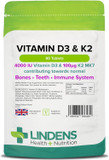 Lindens Vitamin D3 4000IU & MK7 K2 | 90 Tablets | UK Made | Immune Health, Bones, Teeth, Muscle, Blood Calcium Absorption | High Strength Vitamin D & K2 Supplement | 3 Months Supply | Vegetarian