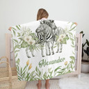 Zebras Floral Forest Animals Leaves Custom Name 40 X 50 In,Personalized Swaddle Blanket Baby Dotted Minky Blanket Living Room Camping Travel Teen Soft Blanketstyle 140"X50"