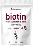 Micro Ingredients Biotin 10,000Mcg W/Hyaluronic Acid 25Mg | 365 Virgin Coconut Oil Softgels, Fast Release, One Year Supply, Supports Healthy Hair, Skin & Nails, Non-Gmo & No Gluten