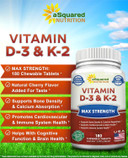 Asquared Nutrition Vitamin D3 With K2 Supplement-180 Chewable Tablets, Max Strength D-3 Cholecalciferol & K-2 Mk7 To Support Healthy Bones, Teeth, Heart -Antioxidant D3 & K2 Mk-7 Energy Formula Adults
