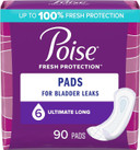 Poise Incontinence Pads & Postpartum Incontinence Pads, 6 Drop Ultimate Absorbency, Long Length, 90 Count (2 Packs Of 45), Packaging May Vary