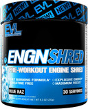 Evl Ultimate Pre Workout Powder - Thermogenic Fat Burn Support Preworkout Powder Drink For Lasting Energy Focus And Stamina - Engn Shred Intense Creatine Free Preworkout Drink Mix - Blue Raz