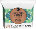 L. Pure Cotton Topsheet Pads for Women, Regular Absorbency, Ultra Thin Pads with Wings, Unscented menstrual pads, 84 Count