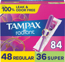 Tampax Radiant Tampons Multipack, Regular/Super Absorbency, With Leakguard Braid, Unscented, 84 Count