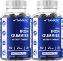 2 Pack Vitamatic Iron Gummies Supplement For Women & Men - 20Mg Serving - 60 Vegan Gummies - Great Tasting Iron Gummy Vitamins With Vitamin C (Total 120 Gummies)
