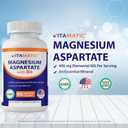 Vitamatic Magnesium Aspartate 400Mg Per Serving - 90 Vegetarian Capsules - Added B6 For Maximum Absorption - Supports Muscle, Joint, And Heart Health