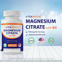 Vitamatic Magnesium Citrate 500mg per Serving - 180 Vegetarian Capsules (Provides 150 mg of Elemental Magnesium) - Added B6 for Maximum Absorption - Supports Muscle, Joint, and Heart Health