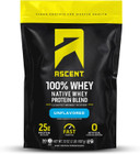 Ascent 100% Whey Protein Powder - Post Workout Whey Protein Isolate, Zero Artificial Flavors & Sweeteners, Gluten Free, 5.5G Bcaa, 2.6G Leucine, Essential Amino Acids, Unflavored 2 Lb