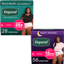 Adult Incontinence Underwear Bundle: Depend Fresh Protection Underwear For Women, Maximum, L, Blush, 28 Count And Depend Night Defense Underwear For Women, Overnight, L, Blush, 56 Count
