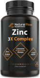 Zinc Supplement Complex With Copper And Vitamin C - Natural Flow 3X Zinc Carnosine, Bisglycinate Chelate, And Orotate, Chelated Zinc Copper, Easy On The Stomach, Skin And Immune Support, 120 Capsules