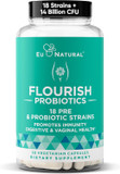 Flourish Probiotics + Prebiotics For Women  Gut And Digestion, Urinary Tract, Reduce Bloating, Vaginal Health  18 Clinically Proven Strains, 14 Billion Cfu  30 Shelf-Stable Mini Vegan Capsules