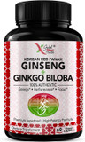 Korean Red Panax Ginseng 1200Mg + Ginkgo Biloba - Extra Strength Root Extract Powder Supplement W/High Ginsenosides Vegan Capsules For Energy, Performance & Focus - Supplement For Men & Women