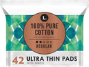 L. Ultra Thin Unscented Pads With Wings, Regular Absorbency, 42 Ct, 100% Pure Cotton Chlorine Free Top Layer