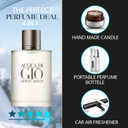 Acqua Di Gio Cologne For Men 3.4 Oz.Edt Tester Spray - Gift Set Pack With Lavender Soy Candle, Car Air Fresheners, And Empty Travel Perfume Atomizer