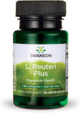 Image of a bottle of Swanson L. Reuteri Probiotic Plus, containing 30 veggie capsules. The label highlights 7 billion CFU per capsule, featuring L. Rhamnosus, L. Acidophilus, and FOS prebiotic for digestive and gut health support.