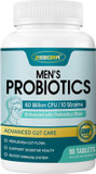Probiotics For Men, Probiotics And Prebiotics For Digestive Health, 90 Tablets, 60 Billion Cfus For Immune And Gut Health, 10 Strains, Hypoallergenic Probiotics, Shelf Stable, Gluten & Soy Free