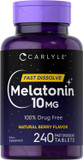 Carlyle Melatonin 10Mg | 240 Tablets | Berry Flavor Fast Dissolve Tablets | Drug Free Supplement | Vegetarian, Non-Gmo, Gluten Free