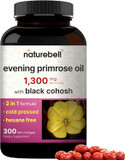 Naturebell Evening Primrose Oil With Black Cohosh, 1,300Mg Per Serving, 300 Mini-Softgels | Cold Pressed Seeds, Retains 130Mg Gla For Womens Health & Skin Care Support  Hexane Free, Non-Gmo