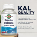 Kal Triple Source Magnesium Complex, Magnesium Citrate, Magnesium Malate, Magnesium Oxide, Sustained Release, Bone, Muscle, Nerve Support, Vegan, Gluten Free, 60-Day Guarantee, 100 Servings, 100 Tabs