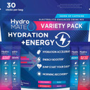 Hydromate Electrolytes Powder Drink Mix Packets Hydration Accelerator Low Sugar Party Favors For Rapid Recovery Vitamin C Plus Caffeine Variety Pack 30 Count