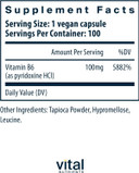 Vital Nutrients Vitamin B6 | Vegan Methylated B6 Vitamins For Nervous System, Muscle, Bone Health* | High-Potency Vitamin B6 For Menstrual Discomfort * | Gluten, Dairy, Soy Free | 100 Capsules