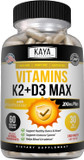 Kaya Naturals Vitamins K2 With D3 5000Iu Supplement - Bone And Heart Health Supplement - Easy To Swallow Supplement - Bioperine Capsules - 60 Veggie Count